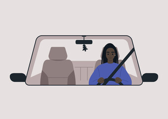 A front view of a car driven by a young female Black character, daily commute, a road trip scene