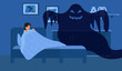 Fear of darkness. Little child scared of spooky monster from nightmare. Female character lying in bed without sleep and being afraid of ghost. Flat cartoon vector illustration