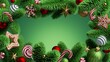 3d render, green background with Christmas fir tree twigs, red gold glass balls, gingerbread cookies and festive ornaments. Greeting card template, holiday poster mockup