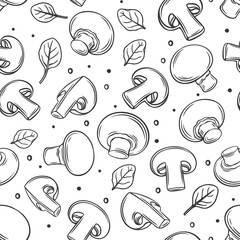 Wall Mural - Mushroom champignon seamless pattern, vector outline hand drawn monochrome contour illustration, wrapping paper