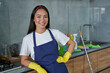 © Friends Stock - I can help. Portrait of cheerful young woman cleaning lady wearing protective gloves, smiling at camera, ready for cleaning the house