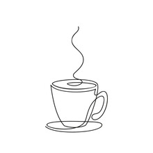 Cup Of Coffee Continuous One Line Drawing, Hot Beverage With Steam Vector Minimalist Linear Illustration Made Of Thin Single Line