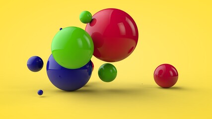 Poster - 3D rendering of multi-colored balls, spheres of different sizes randomly located in space on a yellow background. Vitamins, an explosion of joy and mood. Geometric and color balance.
