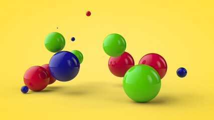 Poster - 3D rendering of multi-colored balls, spheres of different sizes randomly located in space on a yellow background. Vitamins, an explosion of joy and mood. Geometric and color balance.