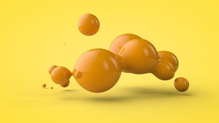 Poster - 3D rendering of large yellow drops on a yellow background. Geometric shapes merged in zero gravity, smooth merging of bodies, abstract background, geometry balance, futuristic design.