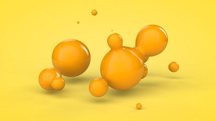 Poster - 3D rendering of large yellow drops on a yellow background. The liquid in weightlessness, the smooth fusion of bodies, a balance of forces and forms a beautiful screensaver for your desktop.