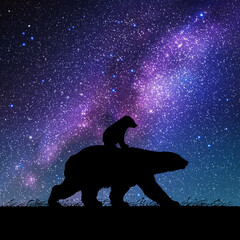 Sticker - bears family at night. animal silhouettes. starry sky and milky way
