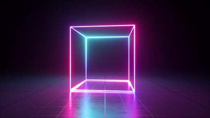Poster - 3d neon cube changes colors from pink to blue, spins and rotates in the dark room. looping animation