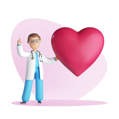 Wall Mural - 3d render, doctor cardiologist cartoon character with heart shape. Medical consultation concept on pink background