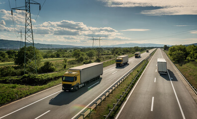 Wall Mural - Four lanes Highway Transit with transportation trucks on a bright blue day. Highway traffic.