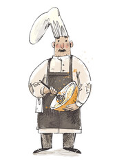 sketch of a baker stirring dough for fresh pasty. cartoon hand drawn illustration