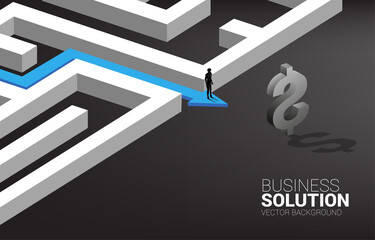 Poster - Silhouette of Businessman on route path to exit the maze to dollar icon. Concept for business mission and way to company profit