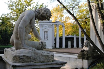 Warsaw, Poland. Classical Amphitheater in Royal Baths (polish: Lazienki Park). Ancient Theater on Island in Royal Baths. Stage on the isle