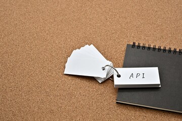 Poster - On top of the notebook on the cork board is a wordbook with the word API written on it. It means Application Programming Interface.