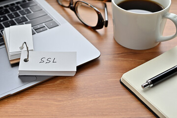 Poster - on a desk with a laptop, glasses, coffee, and a notebook, a vocabulary book was placed open there. t