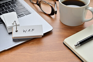 Poster - on a desk with a laptop, glasses, coffee, and a notebook, a vocabulary book was placed open there. t