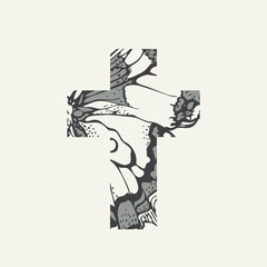 Wall Mural - Sign of the Christian cross with the texture of a butterfly wing on a light background. Monochrome vector illustration, religious symbol, icon, logo, t-shirt design, graphic print, design element