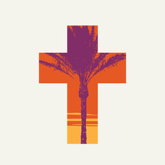 Poster - Palm Sunday cross isolated on a light background. Sign of the Christian cross with silhouette of palm tree at sunset. Vector illustration, religious symbol, icon, t-shirt design, logo, design element