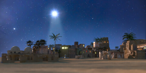 the star shines over the manger of christmas of jesus christ, 3d render