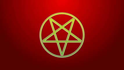 Sticker - Green line Pentagram in a circle icon isolated on red background. Magic occult star symbol. 4K Video motion graphic animation