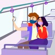 Personajes con tapabocas en el autobús, haciendo una selfie durante el viaje