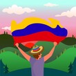 Personaje sujetando bandera de Colombia con atardecer y campo de fondo