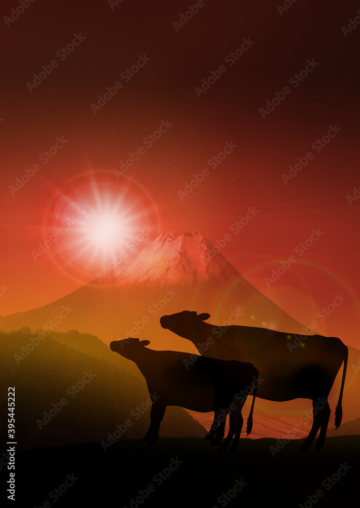 丑年年賀状 牛のシルエットと富士山と初日の出 Wall Mural Rrice