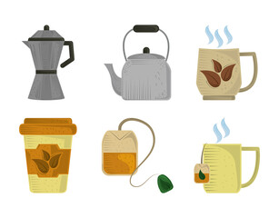 Sticker - set icons of tea cups pots organic herbs and teabag