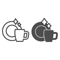 Aufkleber - Clean plate and cup line and solid icon, Hygiene routine concept, Washed mug and dish sign on white background, Clean teacup and ceramic plate icon in outline style for mobile, web. Vector graphics.