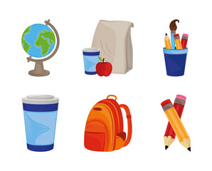 Wall Mural - back to school, icons set with backpack globe pencils and lunch education