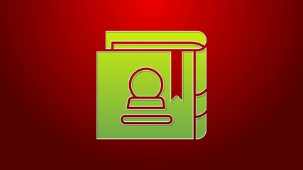 Sticker - Green line Ancient magic book with alchemy recipes and mystic spells and enchantments icon isolated on red background. 4K Video motion graphic animation