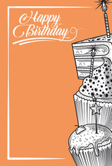 Wall Mural - happy birthday cupcake and cake with candle celebration party, engraving style orange background