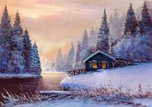 Winter Landscape With River And Water Mill. Oil Painting .