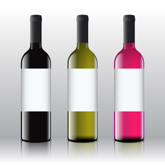 rosé, white and red wine bottles in vector (mockup)