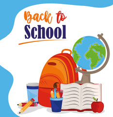 Wall Mural - back to school, backpack globe map book apple and pencils education