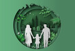 A family enjoys fresh air in the park holding hands together, save the planet and energy concept, paper art, and craft style.