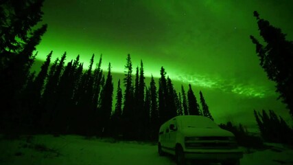 a aurora borealis show seen in northern canada with green bands dancing across the sky and woods, fo
