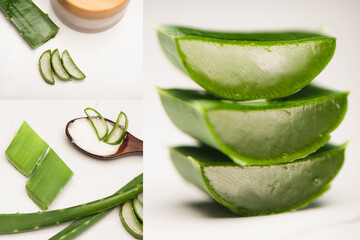 Wall Mural - Collage of cut aloe vera leaves, wooden spoon, and container with homemade cosmetic cream on white, stock image