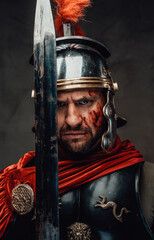 Serious and angry roman soldier dressed in dark armour with helmet and red mantle posing looking at camera and holding a sword.