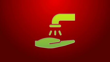 Sticker - Green line Washing hands with soap icon isolated on red background. Washing hands with soap to prevent virus and bacteria. 4K Video motion graphic animation