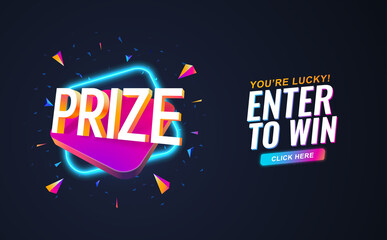 Prize retro 90s style on dark background. Winning prizes vector illustration. Gambling raffles banner template