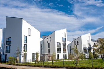 Modern white townhouses seen in Berlin, Germany