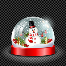 Realistic Transparent Snow Globe With Snowman, Christmas Tree And Berries, Isolated. For Dark Background.