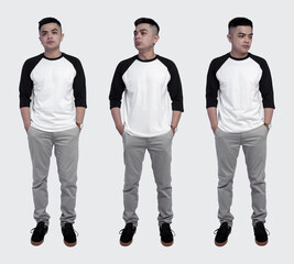 Wall Mural - Set of handsome man wearing black white raglan t shirt suitable for mock up