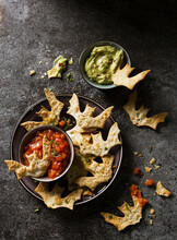 Halloween Bat Torilla Chips With Tomato And Guacamole Dip