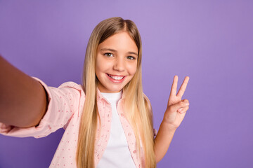 Sticker - Photo of cheerful long hairdo pretty girl doing selfie show v-sign wear pink shirt isolated on violet color background