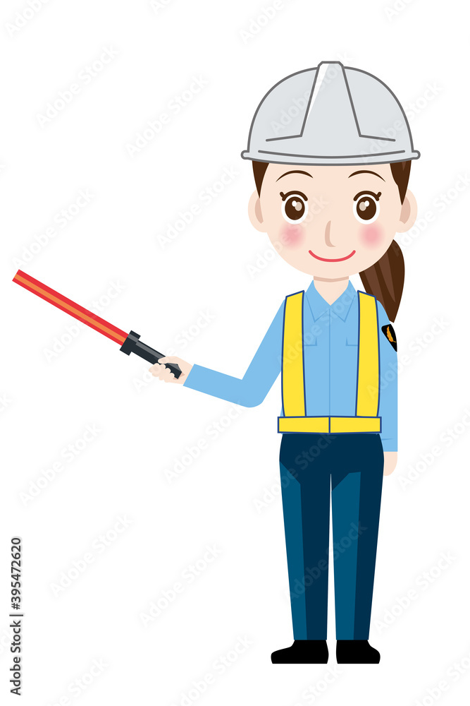 働く人 女性交通誘導員ガードマン警備員のイラスト静止停止ポーズ制服笑顔安全反射ベスト Wall Mural Globeds