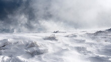 A Mountain Slope Covered With A Layer Of Snow During A Blizzard. Trapped In Motion.