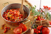 Rowan Chutney With Tomatoes, Peppers And Sultanas Being Made