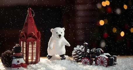 animation of christmas decoration with lantern, bear and snow falling